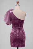 Vintage Mauve Velvet One Shoulder Short Homecoming Dress with 3D Flower