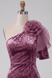 Vintage Mauve Velvet One Shoulder Short Homecoming Dress with 3D Flower