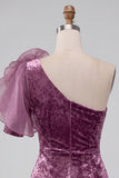 Vintage Mauve Velvet One Shoulder Short Homecoming Dress with 3D Flower