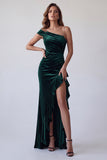 Sparkly Dark Green Beaded Ruffled Velvet Sheath Long Holiday Dress with Slit