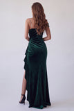 Sparkly Dark Green Beaded Ruffled Velvet Sheath Long Holiday Dress with Slit