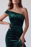 Sparkly Dark Green Beaded Ruffled Velvet Sheath Long Holiday Dress with Slit
