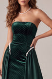 Sparkly Dark Green Strapless Beaded Velvet Long Holiday Dress with Cape