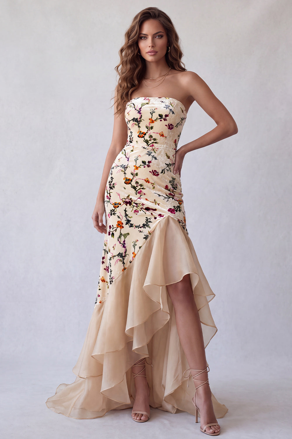 Champagne Velvet Floral Mermaid Strapless Long Holiday Dress with Slit