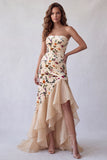Champagne Velvet Floral Mermaid Strapless Long Holiday Dress with Slit
