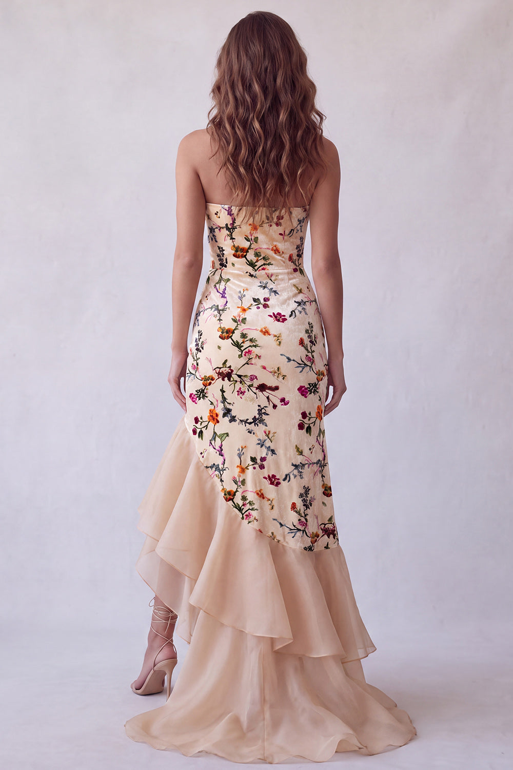 Champagne Velvet Floral Mermaid Strapless Long Holiday Dress with Slit