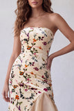 Champagne Velvet Floral Mermaid Strapless Long Holiday Dress with Slit