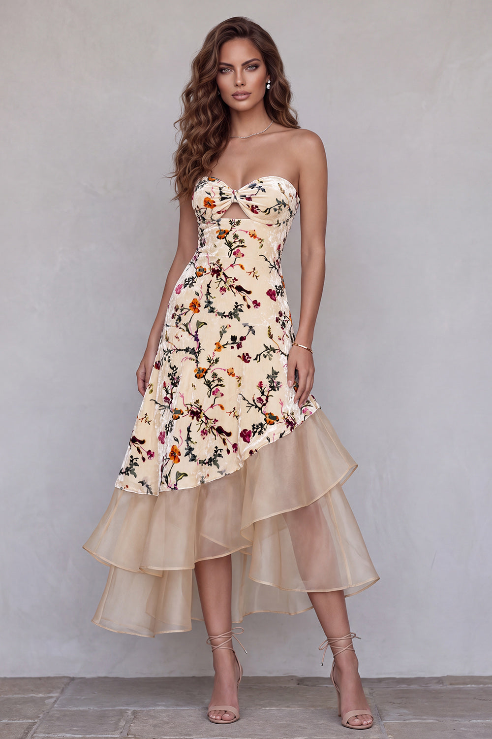 Champagne Floral Sweetheart Keyhole Ruffled Midi Velvet Holiday Dress