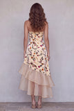 Champagne Floral Sweetheart Keyhole Ruffled Midi Velvet Holiday Dress