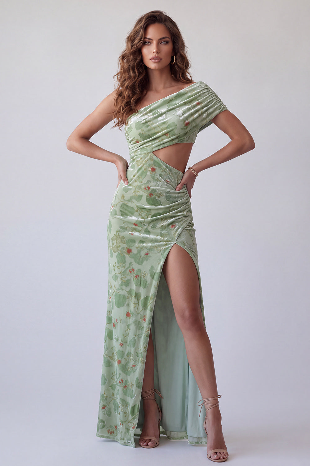 Dusty Sage Floral Sheath Velvet Ruched Long Holiday Dress with Slit