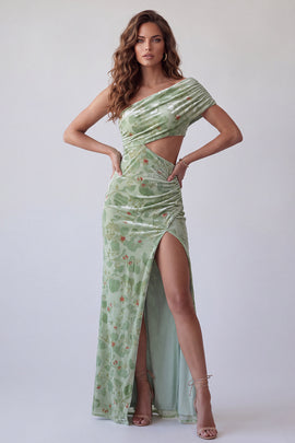 Dusty Sage Floral Sheath Velvet Ruched Long Holiday Dress with Slit
