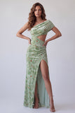 Dusty Sage Floral Sheath Velvet Ruched Long Holiday Dress with Slit
