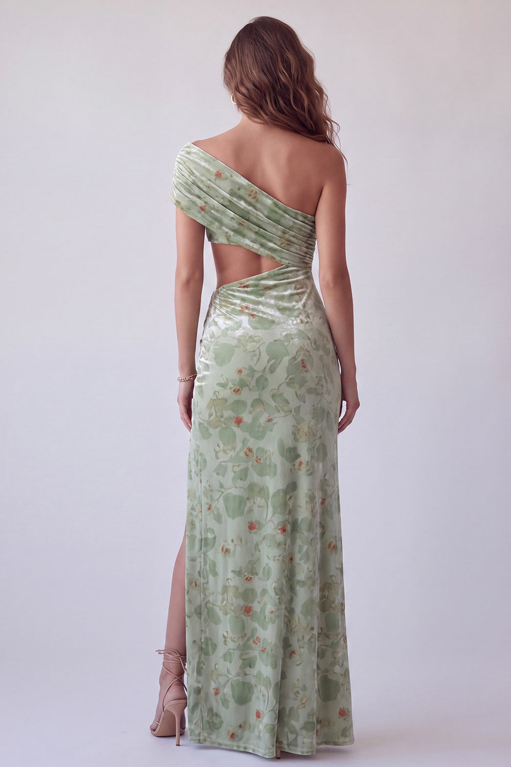 Dusty Sage Floral Sheath Velvet Ruched Long Holiday Dress with Slit