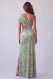 Dusty Sage Floral Sheath Velvet Ruched Long Holiday Dress with Slit
