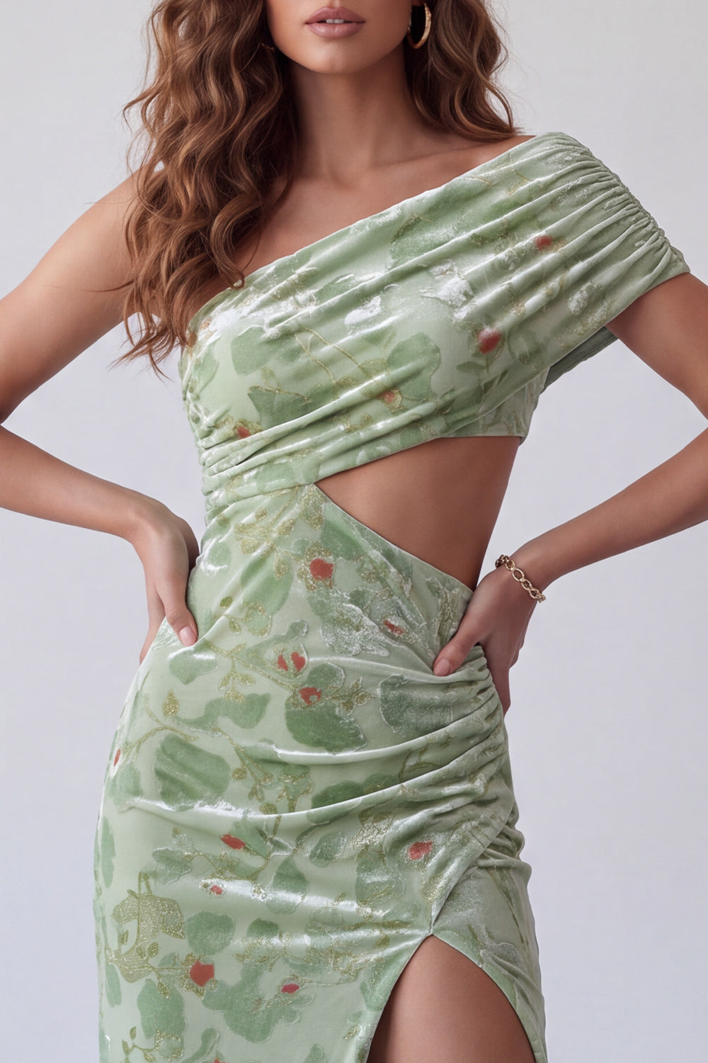 Dusty Sage Floral Sheath Velvet Ruched Long Holiday Dress with Slit
