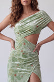 Dusty Sage Floral Sheath Velvet Ruched Long Holiday Dress with Slit