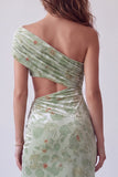 Dusty Sage Floral Sheath Velvet Ruched Long Holiday Dress with Slit