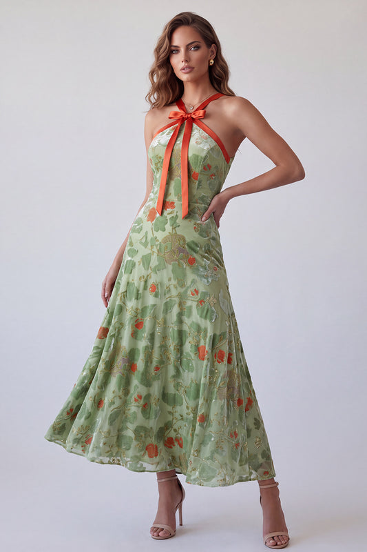 Dusty Sage Velvet Floral A Line Halter Maxi Holiday Dress with Bow