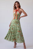 Dusty Sage Velvet Floral A Line Halter Maxi Holiday Dress with Bow