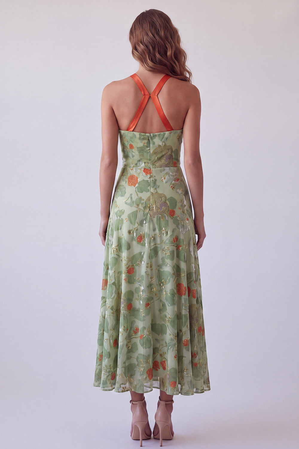 Dusty Sage Velvet Floral A Line Halter Maxi Holiday Dress with Bow