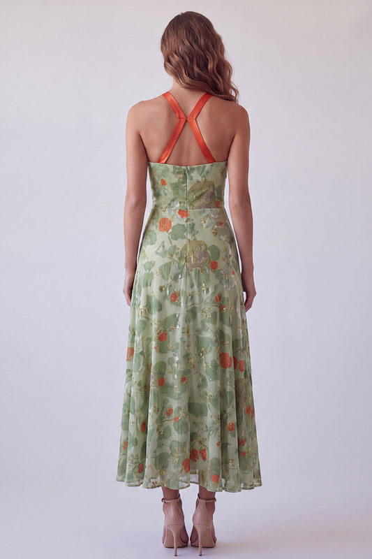 Dusty Sage Velvet Floral A Line Halter Maxi Holiday Dress with Bow