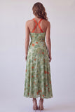 Dusty Sage Velvet Floral A Line Halter Maxi Holiday Dress with Bow