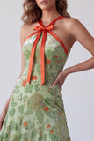 Dusty Sage Velvet Floral A Line Halter Maxi Holiday Dress with Bow