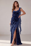 Navy Sheath Floral Ruched Velvet Long Holiday Dress with Slit