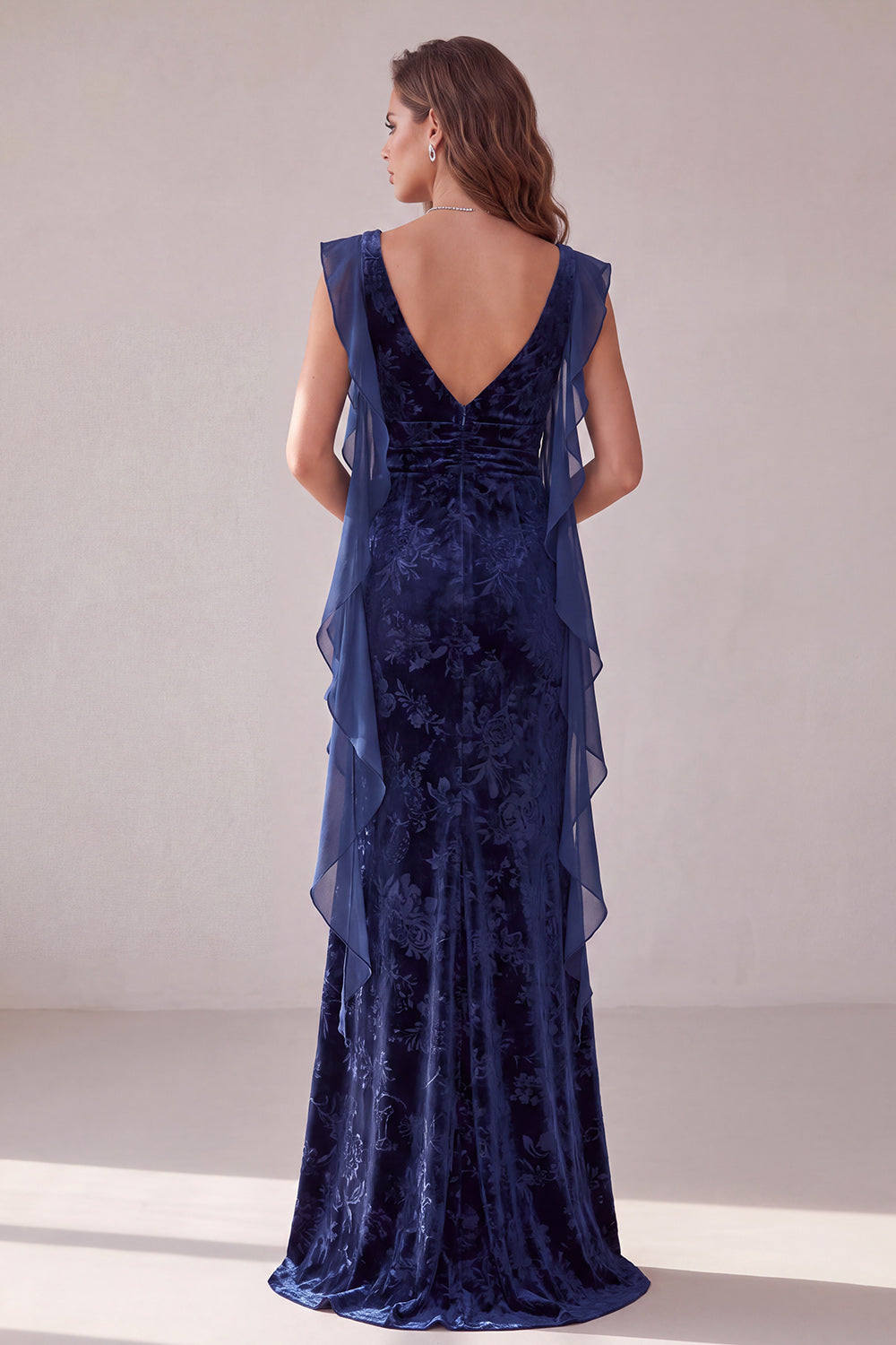 Navy Sheath Floral Ruched Velvet Long Holiday Dress with Slit