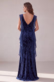 Navy Sheath Floral Ruched Velvet Long Holiday Dress with Slit