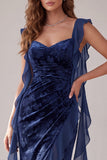 Navy Sheath Floral Ruched Velvet Long Holiday Dress with Slit