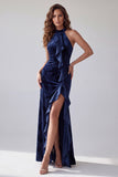 Navy Velvet Floral Sheath Halter Ruffled Long Holiday Dress with Slit