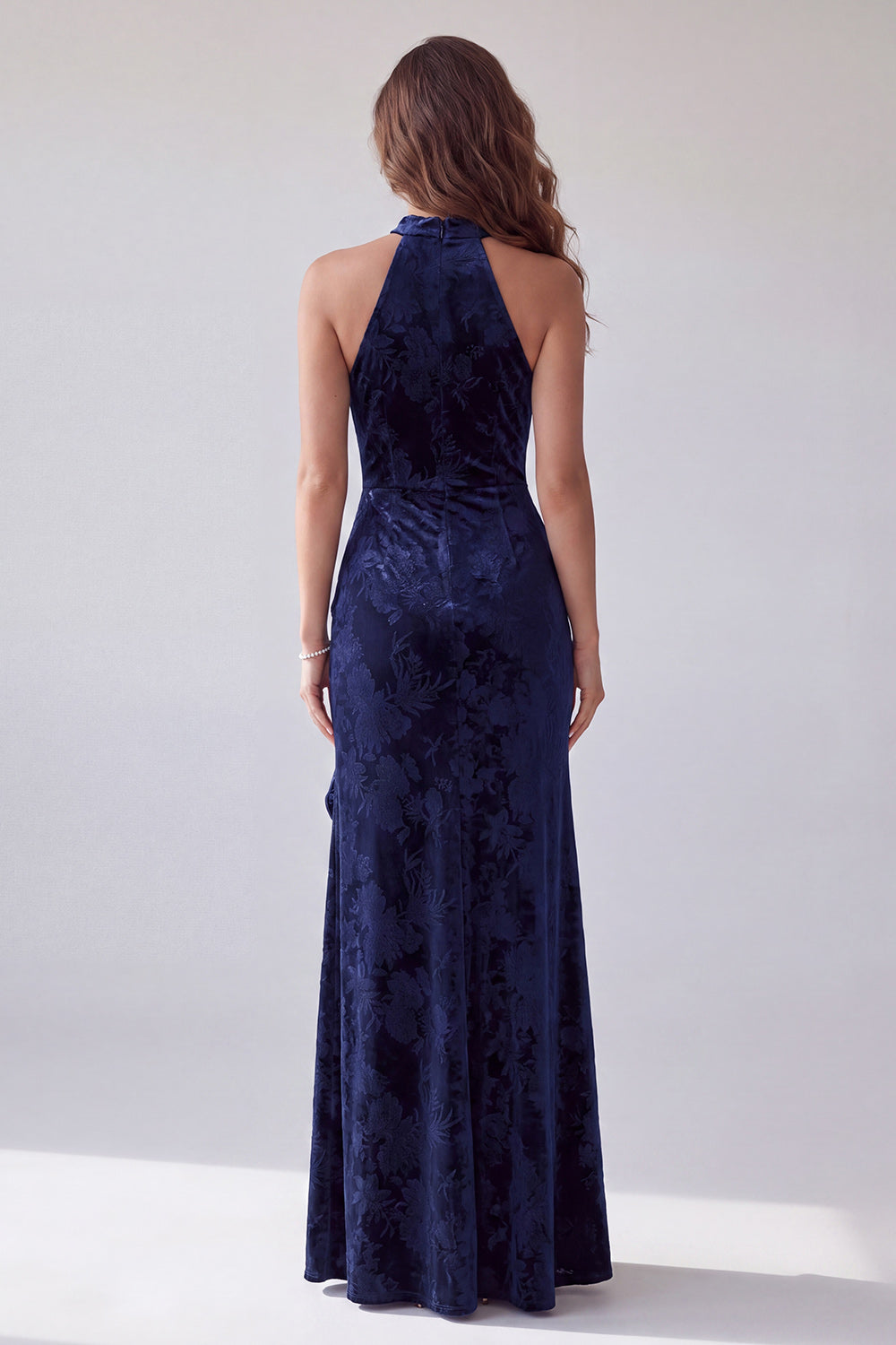 Navy Velvet Floral Sheath Halter Ruffled Long Holiday Dress with Slit