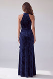 Navy Velvet Floral Sheath Halter Ruffled Long Holiday Dress with Slit