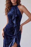 Navy Velvet Floral Sheath Halter Ruffled Long Holiday Dress with Slit