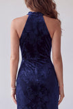 Navy Velvet Floral Sheath Halter Ruffled Long Holiday Dress with Slit