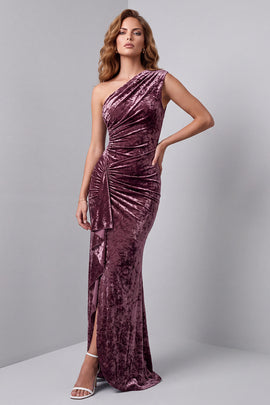 Vintage Mauve Velvet Mermaid Ruched Long Holiday Dress with Slit