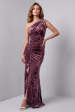 Vintage Mauve Velvet Mermaid Ruched Long Holiday Dress with Slit