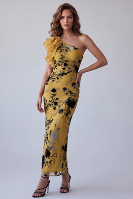 Ginger Yellow Floral Sheath One Shoulder Long Formal Dress with Ruffles