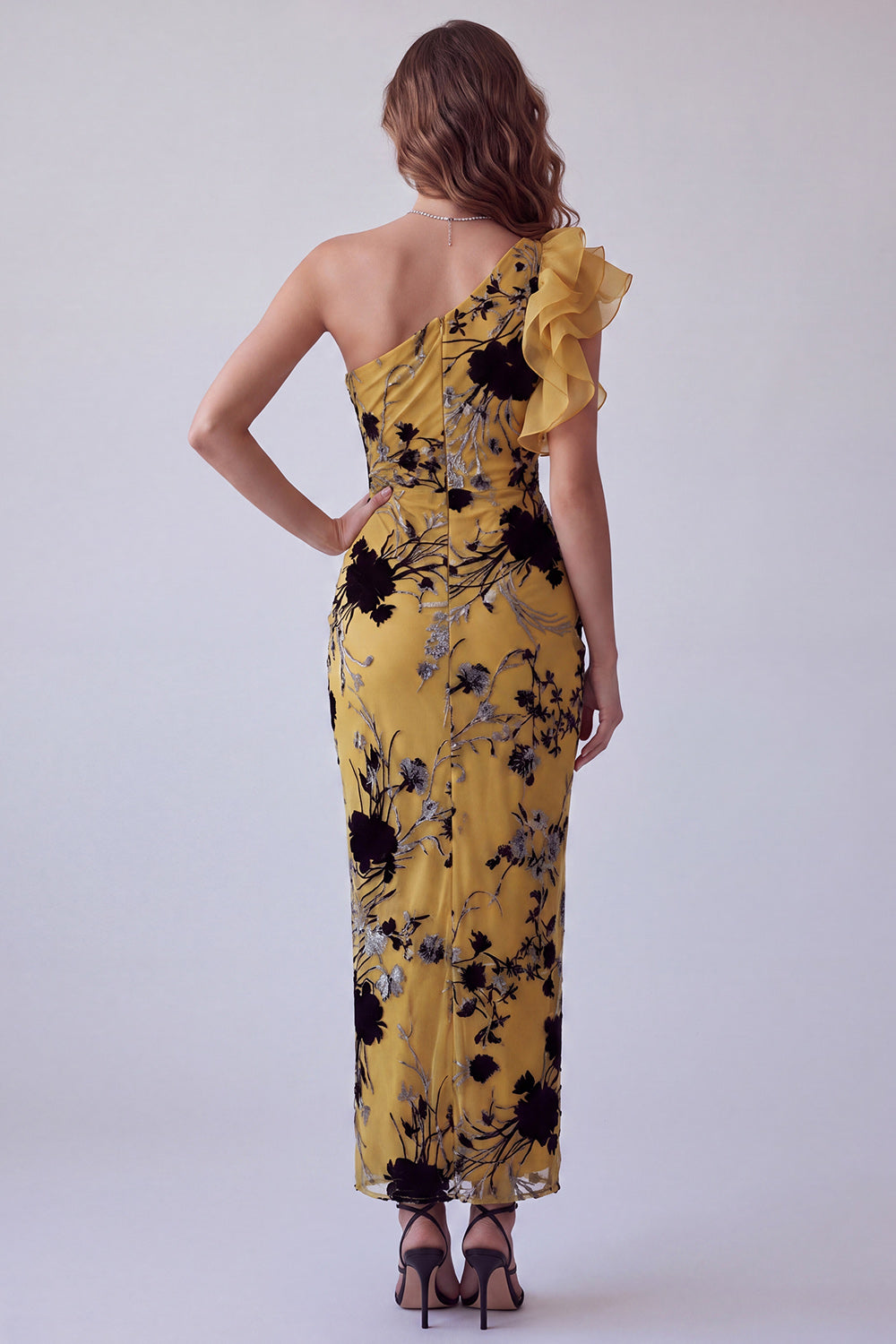 Ginger Yellow Floral Sheath One Shoulder Long Formal Dress with Ruffles