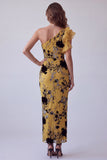 Ginger Yellow Floral Sheath One Shoulder Long Formal Dress with Ruffles
