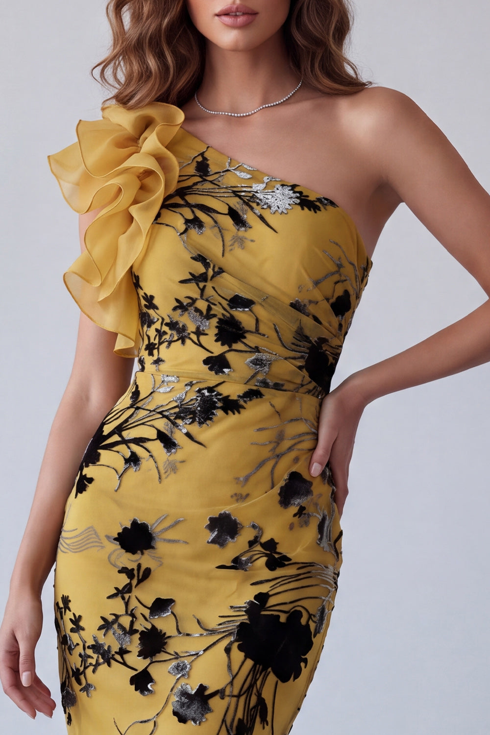 Ginger Yellow Floral Sheath One Shoulder Long Formal Dress with Ruffles