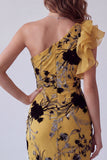 Ginger Yellow Floral Sheath One Shoulder Long Formal Dress with Ruffles