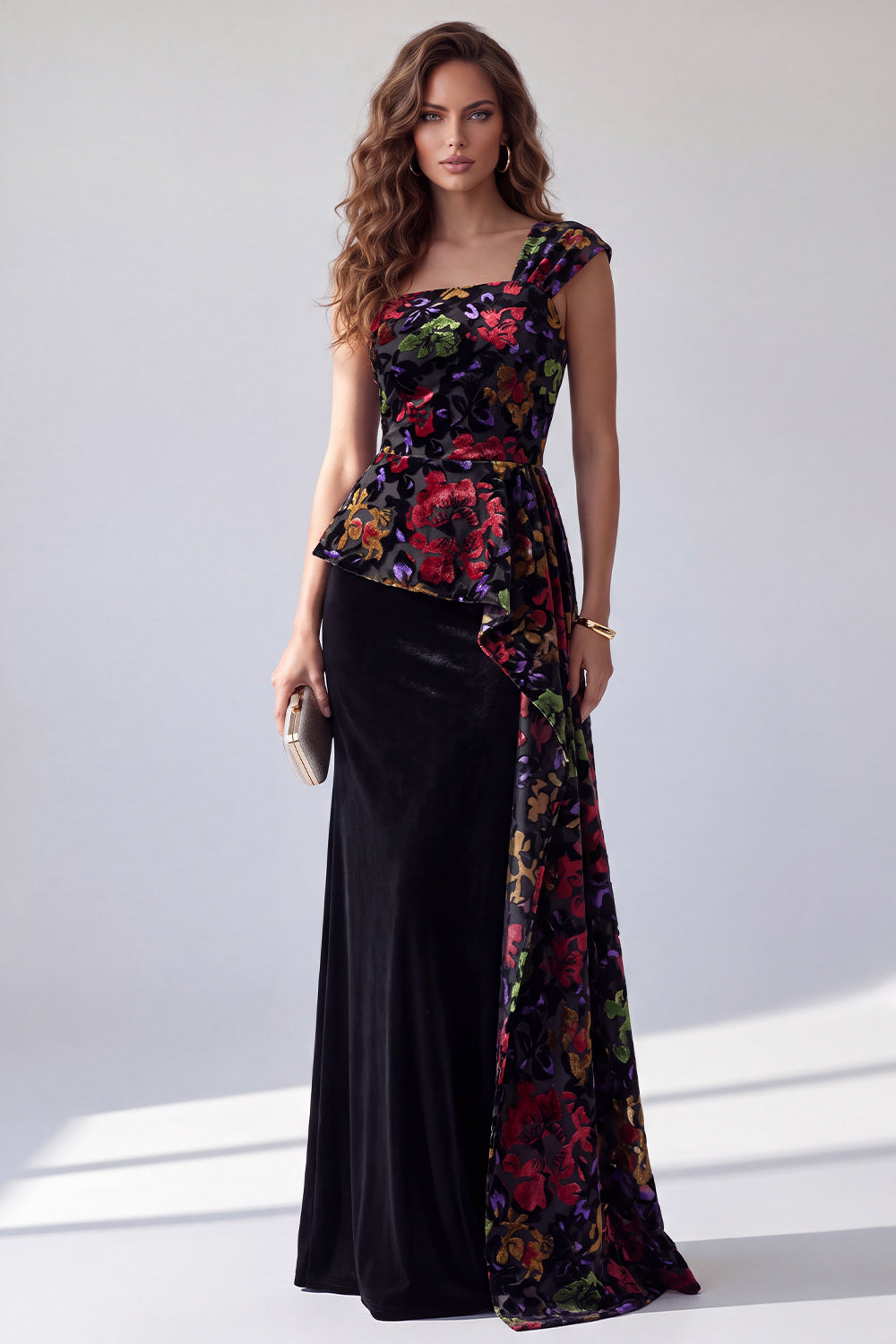 Black Floral Velvet One Shoulder Long Holiday Dress with Side Cape