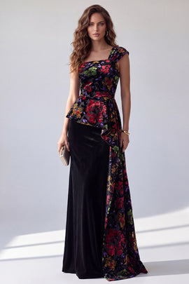 Black Floral Velvet One Shoulder Long Holiday Dress with Side Cape