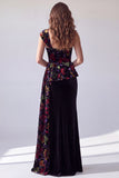 Black Floral Velvet One Shoulder Long Holiday Dress with Side Cape