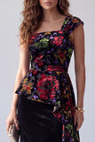 Black Floral Velvet One Shoulder Long Holiday Dress with Side Cape