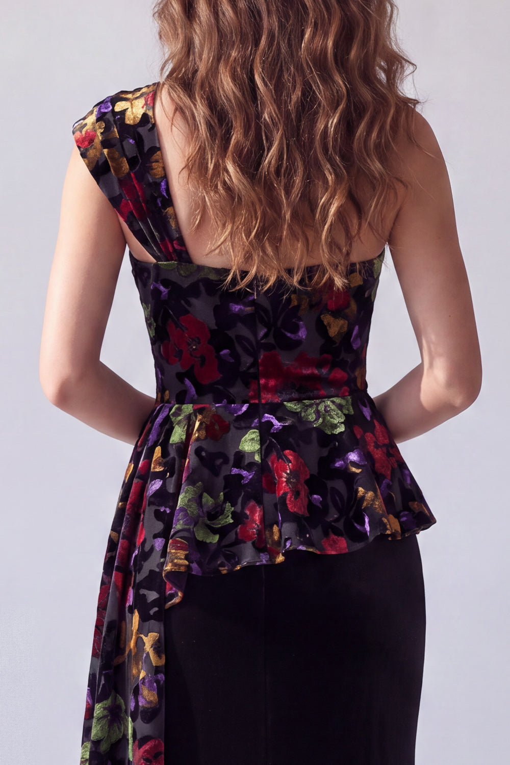 Black Floral Velvet One Shoulder Long Holiday Dress with Side Cape