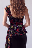 Black Floral Velvet One Shoulder Long Holiday Dress with Side Cape