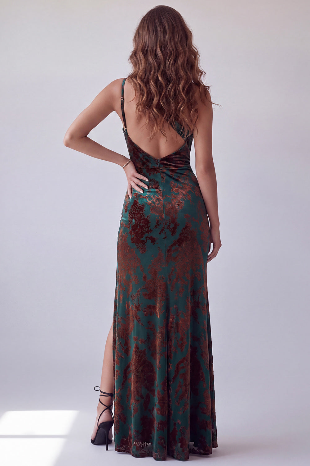 Dark Green Floral Sheath One Shoulder Velvet Long Holiday Dress with Slit